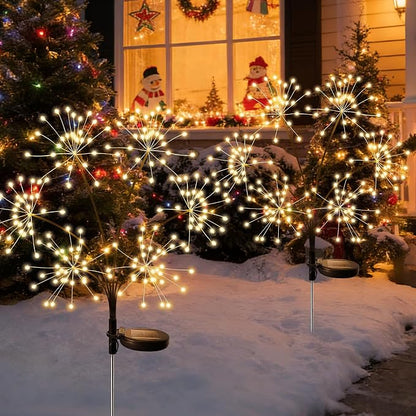JJGoo 2 Pack Solar Garden Lights Outdoor Waterproof, New Upgraded 6 Branches Firework Starburst Lights with 2 Modes, Solar Fairy Lights for Yard Garden Patio Pathway Party Decor - Warm White