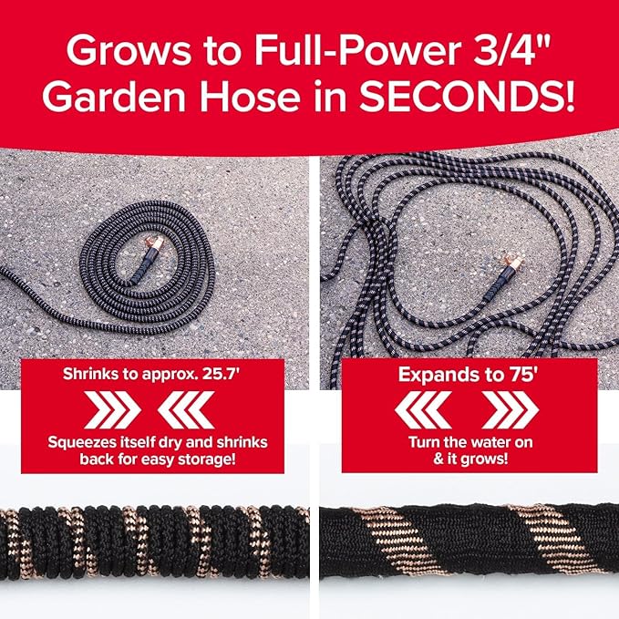 Pocket Hose 75 FT Copper Bullet Expandable Garden Hose w/10 Pattern Thumb Spray Nozzle AS SEEN ON TV 650psi 3/4 in Patented Lead-Free Ultra-Lightweight Solid Copper Anodized Aluminum | 10 pattern thumb spray nozzle, anti-burst upto 650 psi, 3/4 in, lea...