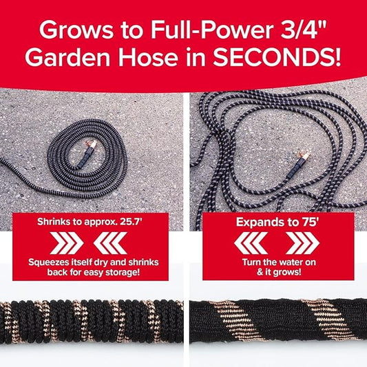Pocket Hose 75 FT Copper Bullet Expandable Garden Hose w/10 Pattern Thumb Spray Nozzle AS SEEN ON TV 650psi 3/4 in Patented Lead-Free Ultra-Lightweight Solid Copper Anodized Aluminum | 10 pattern thumb spray nozzle, anti-burst upto 650 psi, 3/4 in, lea...