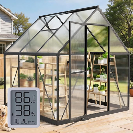 6x6FT Walk-in Greenhouse with Hygrometer, Polycarbonate Greenhouse, Greenhouse Kit with Vented Roof Window, Windproof Aluminum Frame with Quick-Installation Structure, Suitable for Gardening