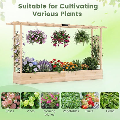 Giantex Wooden Raised Garden Bed with Trellis & Hanging Roof, Fir Wood Planter Box, 45” Freestanding Elevated Garden Bed for Outdoor Climbing Plants Vegetables Flowers, Patio & Balcony, Natural