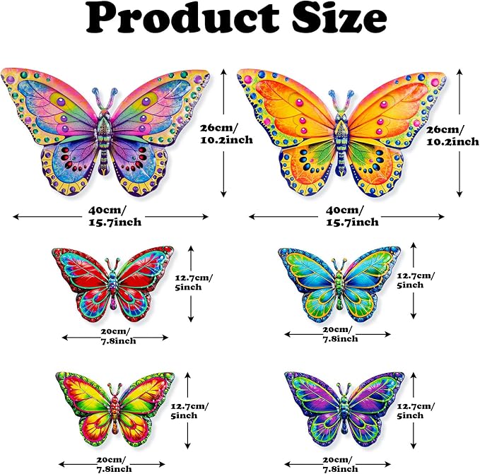 SUNREEK 6Pcs Metal Butterfly Wall Decor, 16Inch/8Inch Outdoor Butterfly Wall Art for Fence Garden Yard Room Patio Balcony Decorations