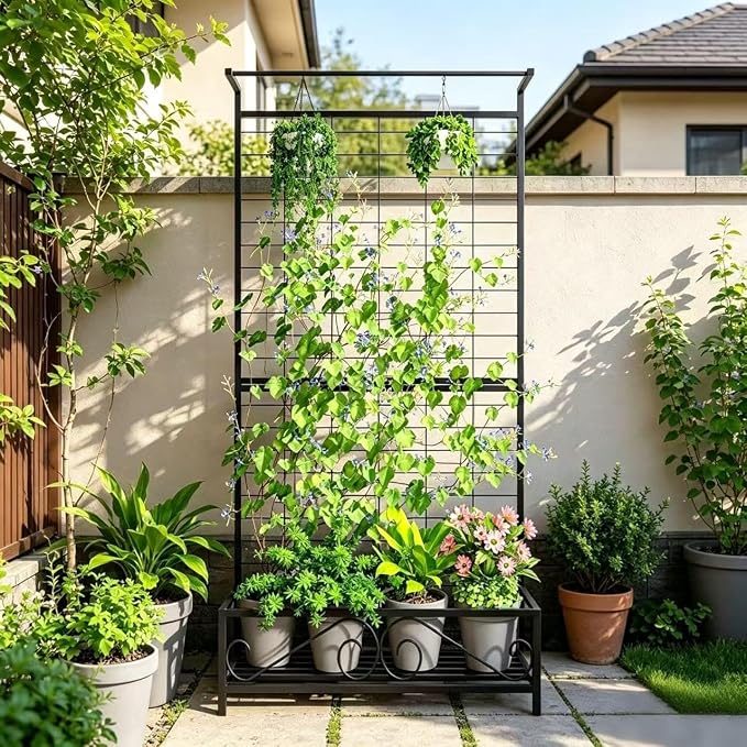 Zhongma Metal Planter with Trellis Raised Bed with Trellis for Vine Climbing Plants Flowers(12.8 x 35.43 x 74 in), 74 Inch Height Privacy Screen with Hanging Plant Pot Shelf