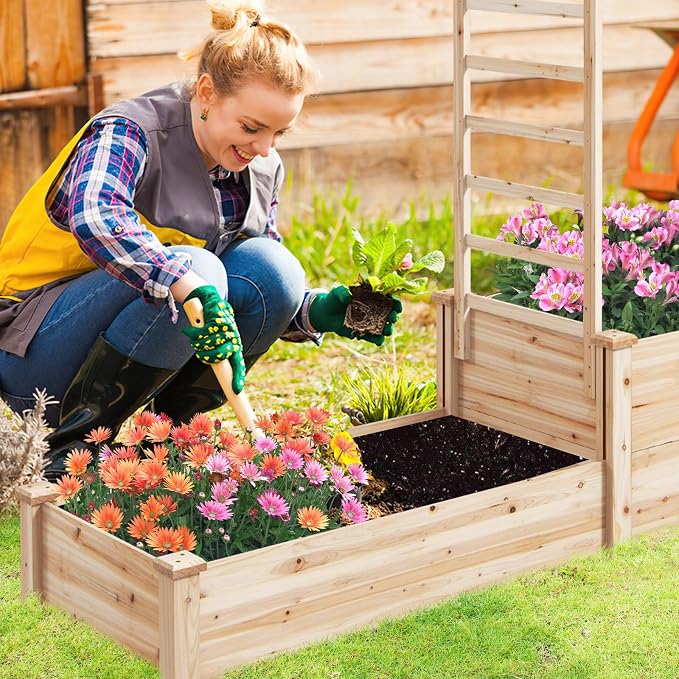 S AFSTAR Raised Garden Bed with Trellis & 2 Planter Boxes, 88" x 25" x 53" Outdoor Wooden Planter Box Kit for Flower Herb Veggies Fruit Climbing Vines, Elevated Gardening Planter for Garden Patio