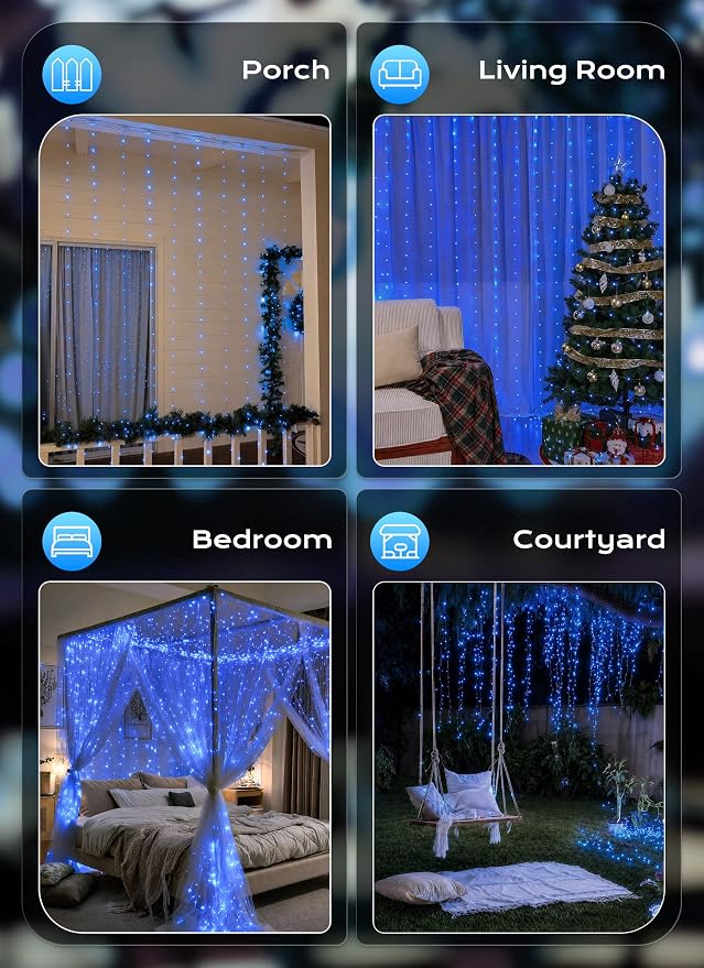 Brightown 300 LED Blue Fairy Curtain Lights, 9.8ft x 9.8ft String Lights, USB Plug in 8 Lighting Modes Christmas String Hanging Lights with Remote for Bedroom Indoor Outdoor Party Xmas Blue 1 Pack