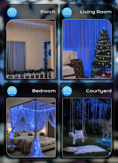 Brightown 300 LED Blue Fairy Curtain Lights, 9.8ft x 9.8ft String Lights, USB Plug in 8 Lighting Modes Christmas String Hanging Lights with Remote for Bedroom Indoor Outdoor Party Xmas Blue 1 Pack