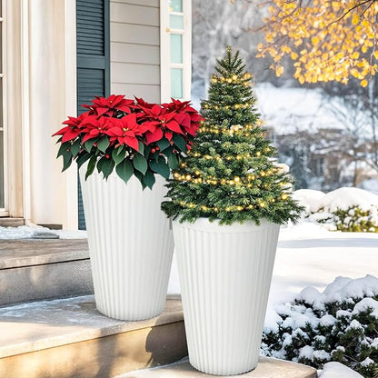 Autodaya 20" Tall Fluted Resin Planters Set of 2 with Drainage Holes | High-Density Weather-Resistant Resin Pots For Indoor and Outdoor Plants, Patio, Garden, Porch, Living Room, Ideal for Gifting