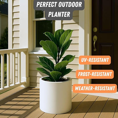 Fox & Fern Large Indoor Planter, Modern Large Plant Pot for Indoor or Outdoor, UV and Frost Resistant - 12 Inch, Matte White Flower Pot with Hidden Saucer, Lightweight