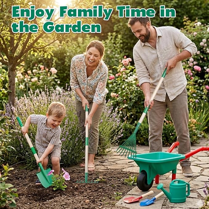 CUTE STONE Kids Gardening Tools Set - 9PCS Toddler Garden Toy with Kids Wheelbarrow, Kids Shovel and Rake Set for Backyard Garden Play, Indoor & Outdoor Gift for Boys Girls Ages 3-5