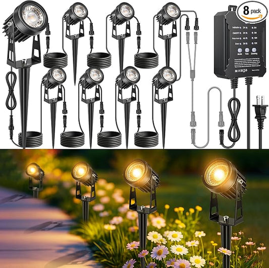 Plug and Play Low Voltage Landscape Lighting Kit with Extension Cables, 8Pack 65FT Wired Landscape Lights with Smart Transformer, Warm White Waterproof Outdoor LED Spotlights for Yard, Garden, Pathway