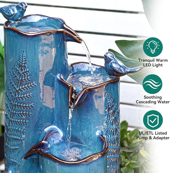 Autodaya 32" H 4-Tier Vase Ceramic Outdoor Water Fountain with LED Lights | Cascading Waterfall with Turquoise Glaze, Fern Pattern-Texture, Upgraded Pump, Bird Water Feature for Garden Patio Yard Porch