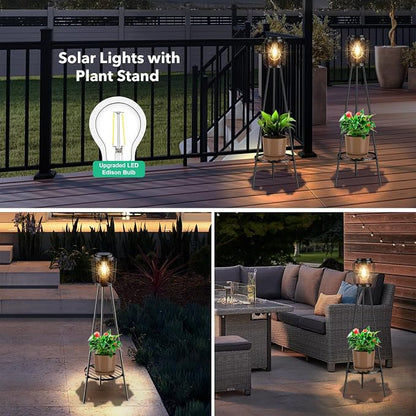 VISFLAIR Solar Lights with Plant Stand, Outdoor Floor Lamp, Waterproof Solar LED Edison Bulb Light Flower Shelf for Patio Porch Deck Yard Garden Decor-1 Pack