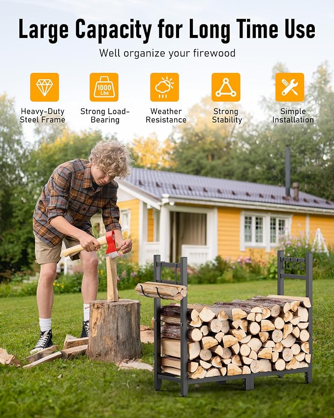 Brightown 34inch Firewood Rack Indoor with Log Carrier, Outdoor Wood Rack for Firewood,Fire Wood Storage with Kindling Hooks, Adjustable Pads, Heavy Duty Logs Holder for Fireplace Deck Outdoor, Black