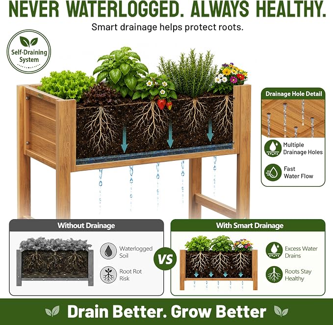 YEFU Raised Garden Bed with Legs: Compact Waterproof HDPS Outdoor Elevated Planter Box with Drainage Holes - 34x18x30 Inch for Patio/Balcony to Grow Vegetables/Herbs - 385 lbs Capacity, Teak
