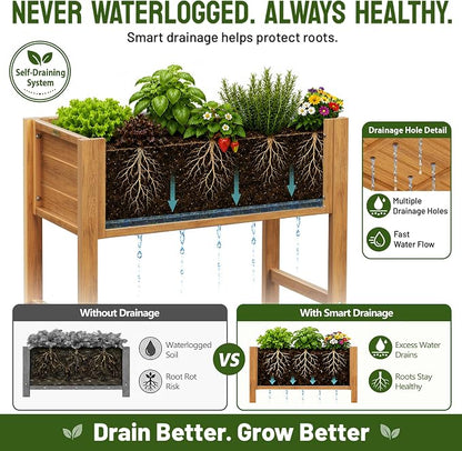 YEFU Raised Garden Bed with Legs: Compact Waterproof HDPS Outdoor Elevated Planter Box with Drainage Holes - 34x18x30 Inch for Patio/Balcony to Grow Vegetables/Herbs - 385 lbs Capacity, Teak
