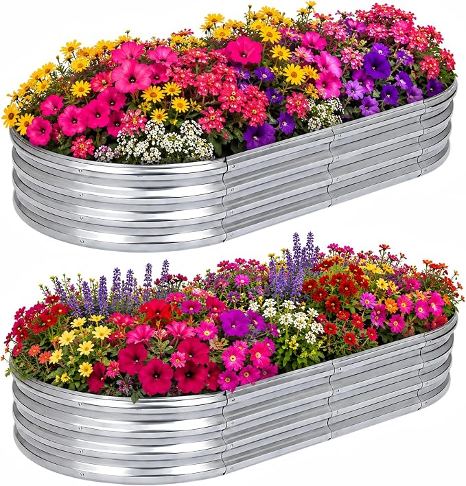 Galvanized Raised Garden Bed for Outdoor, 4X2X1FT Durable Metal Vegetable Plant Container Kit - Oval Planter Box for Gardening Flower Trough Kit for Vegetables Flowers Herb,Silver, 2 Pack