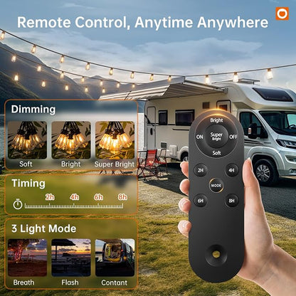 addlon 78FT(72+6) Solar String Lights Outdoor, Waterproof Solar Powered Outside Lights with Remote & USB Port, ST38 LED Shatterproof Bulbs, Dimmable Solar Light for Camping Backyard Porch