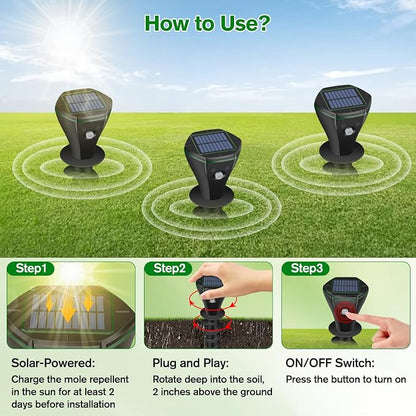 Mole Repellent Solar Powered, 6 Pack Ultrasonic Gopher Repeller IP65 Waterproof for Lawn Garden Yard, Sonic Vole Repellent Mole Killer Outdoor Get Rid of Snake Groundhog Chipmunk Squirrels-Black
