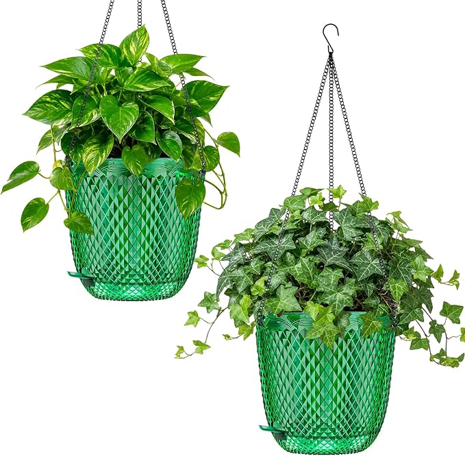 QCQHDU 7.2 Inch 2 Pack Hanging Planters for Indoor Outdoor Plants,Self Watering Flower Pots Hanging Basket,Plastic Plant Hanger with Drainage Holes and 3 Hooks for Window Porch Garden Balcony, (Green)