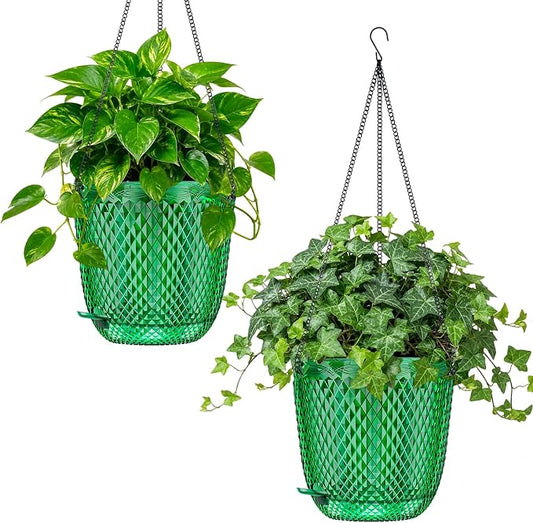 QCQHDU 7.2 Inch 2 Pack Hanging Planters for Indoor Outdoor Plants,Self Watering Flower Pots Hanging Basket,Plastic Plant Hanger with Drainage Holes and 3 Hooks for Window Porch Garden Balcony, (Green)