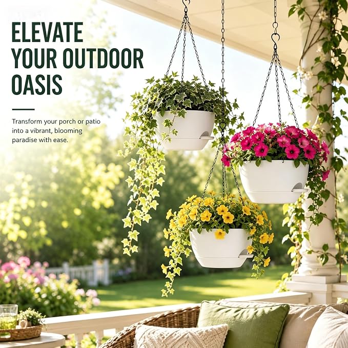 12 Inch Self Watering Hanging Planters 2 Pack, White | Plastic planters with drainage holes and saucers. Suitable for indoor, outdoor, kitchen, balcony and garden plant decor.
