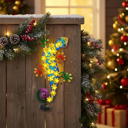 Metal Lizards Outdoor Decor Metal Gecko Wall Decoration with 30 Led Solar Lights- 17.7" Fence Wall Art, Gift for Mom Grandma Women Birthday Gardening,Geico Lizard for Garden Patio Porch Yard