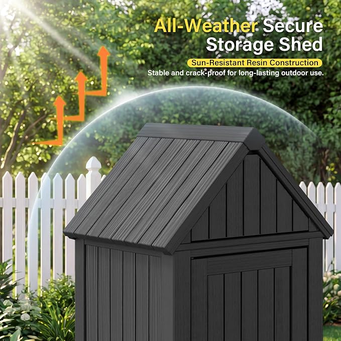 Bifanuo Deck Box Storage Shed Outdoor Storage Cabinet, Vertical Waterproof Resin Material Plastic Shed with Removable Shelves, 12 Hooks and Lock Ring for Garden, Pool and Patio (Classic Black)
