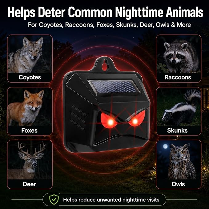 4 Pack Solar Predator Eyes Nocturnal Animal Repellent Outdoor,Auto Activate Animal Deterrent Predator Lights for Coyote,Racoon,Foxe,Skunk,Deer,Red LED Wildlife Guard for Yard, Garden,Farm,Chicken Coop