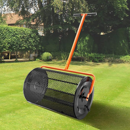 VEVOR Compost Spreader, 24.4-25.6" Height Adjustable Handle, 24" Wide, Lawn and Garden Peat Moss Roller with Side Latches, Powder Coated Steel Mesh Basket for Spreading Manure, Topsoil, Black | 24.4-25.6" Height Adjustable Handle, Powder Coated Steel M...