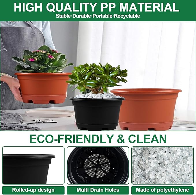 KPUVX 5 Pack 8.5 inch Plant Pot,Outdoor Flower Pots,Plastic pots for Plants Indoor with Drainage Holes and Trays, Decorative Garden Containers Sets for Houseplants