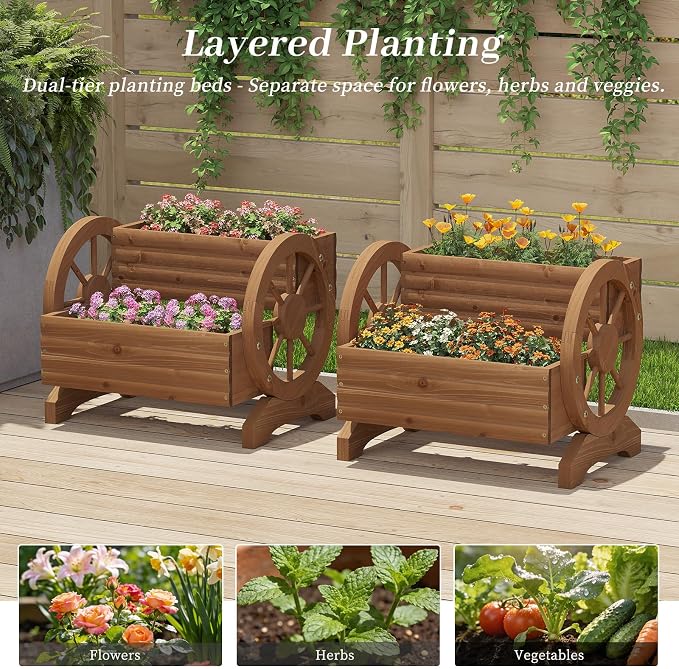 Kitsanery Wooden Planter Box,Planters for Outdoor Plants, Flower Cart for Patio Garden Balcony, Backyard Decor Garden Planters with Wheels for Flowers,Vegetables (Light Brown)