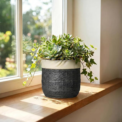 Ceramic Flower Pots - 6 Inch Pots for Plants Indoor Plants, Round Planter with Drainage Hole and Plug, Boho Decorative Plant Pot, House Room Garden Decor, Garden Gift for Women, Black