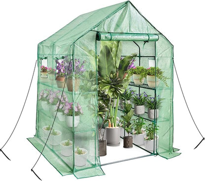 Walk in Greenhouse with Shelves,Plastic Growhouse Frame for Garden,12 Tiers Green House with Reinforced PE Cover and 4 Windows,56" L x 56" W x 77" H,for Indoor Outdoor Seeding and Plant Growing