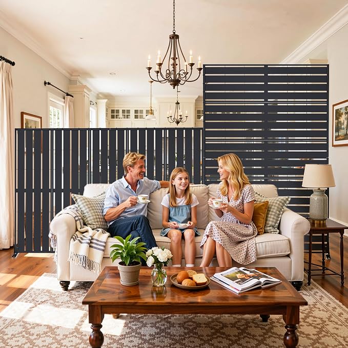 Privacy Screen Outdoor, 72"x44" Room Divider 5-Panel, Freestanding | Slatted Steel Privacy Fence with Ground Stakes, Weatherproof Divider for Balcony, Patio, Deck & Yard
