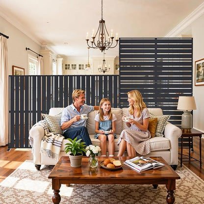 Privacy Screen Outdoor, 72"x44" Room Divider 5-Panel, Freestanding | Slatted Steel Privacy Fence with Ground Stakes, Weatherproof Divider for Balcony, Patio, Deck & Yard