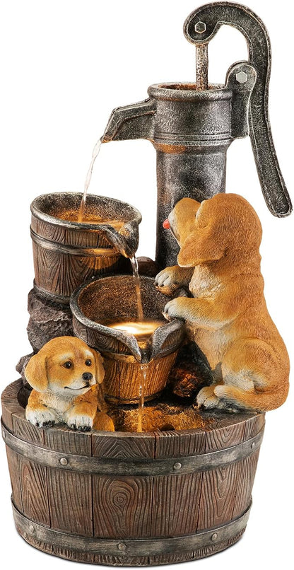 Glitzhome Water Fountain Outdoor, Outdoor Fountain with Lights & Pump, 23.75" H Cute Dog Playing Around The Water Polyresin Cascading Waterfall Floor Standing Water Feature for Garden, Patio
