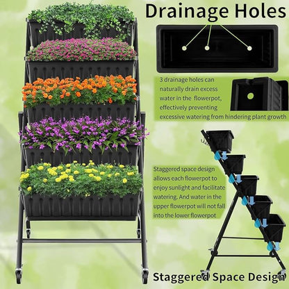 Homdox 2 Pack Vertical Garden Bed, 5 Tiers Raised Garden Planter, 25.6 * 26 * 48 Inch with Drainage System & 4 Hooks, Vegetable Flower Stand for Garden Patio Yard (Black with 4 Wheels)