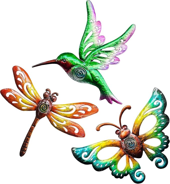 YNGFIL Hummingbird Butterfly Dragonfly Metal Wall Art Decor, Wall Sculpture Decoration Hanging for Home Living Room Bedroom Garden Porch Patio Balcony Ornament for Indoor Outdoor, 3 pack 9 inch