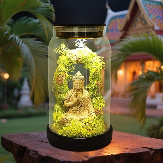 Solar Garden Buddha Statue for Home Decor - 9.8'' Zen Solar Lights Sculptures Decor with 15 LED, Sitting Meditating Buddha Serene Moss Figurine in Jar for Patio Lawn Yard Good Luck Housewarming Gifts