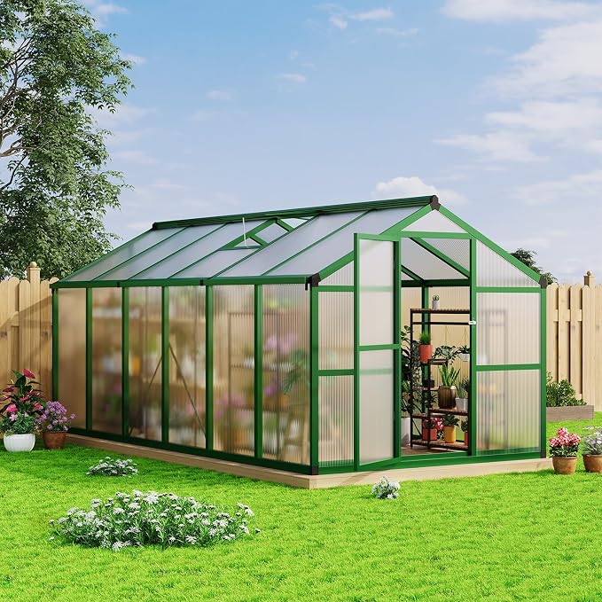 8x12 Ft Outdoor Greenhouses, Greenhouse Kit, Portablee Greenhouses with Ground Nails and Vent Windows, Sliding Lockable Door, Polycarbonate Green Houses for Outside Garden Backyard, Green