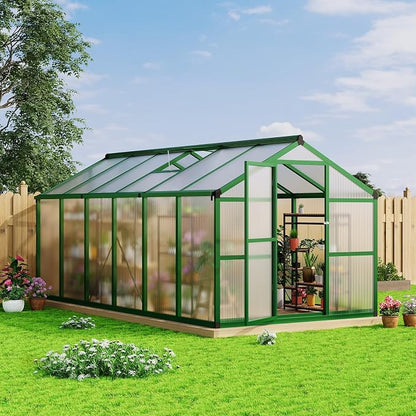 8x12 Ft Outdoor Greenhouses, Greenhouse Kit, Portablee Greenhouses with Ground Nails and Vent Windows, Sliding Lockable Door, Polycarbonate Green Houses for Outside Garden Backyard, Green