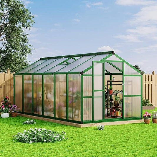 8x12 Ft Outdoor Greenhouses, Greenhouse Kit, Portablee Greenhouses with Ground Nails and Vent Windows, Sliding Lockable Door, Polycarbonate Green Houses for Outside Garden Backyard, Green