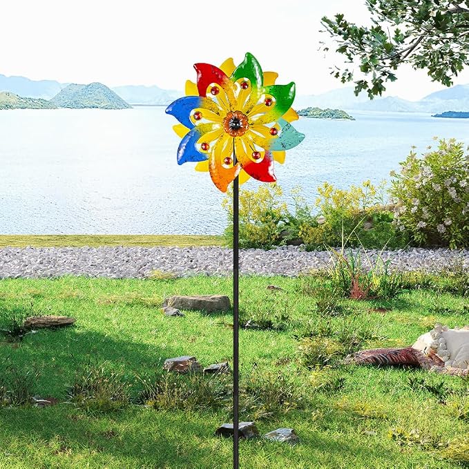 Stargarden Wind Spinner, Colorful Metal Wind Sculptures & Spinners | Double Pinwheels, 63*13"Windmills for Yard and Garden