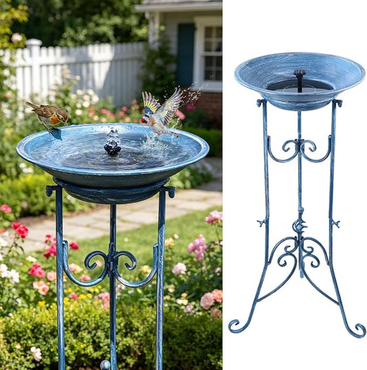 Multifunctional Solar Bird Bath for Outside, Metal Birdbath Stand and Solar Fountain Bird Bath Bubbler Combo Set, Solar Birdbaths for Outdoors Garden Lawn Yard Decor（Blue）