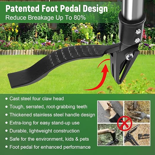 GOXAWEE Stand Up Weed Puller Tool, 4-Claw with Adjustable 46” Handle | Remove Weeds Without Bending, Pulling or Kneeling