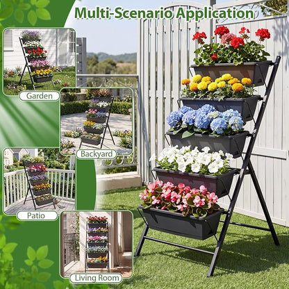 Giantex 5-Tier Vertical Garden Planter, Raised Garden Bed w/Drainage System & Removable Tray, Metal Frame Elevated Planter Boxes for Herb Vegetable Flower Grow, Outdoor Indoor Patio Balcony Backyard