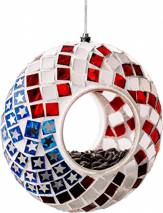 Backyard Expressions Hanging Glass Bird Feeder - Patriotic - Fly Through Bird Feeders for Outside, Mosaic Bird Feeder, Round Shape Wild Birdfeeder