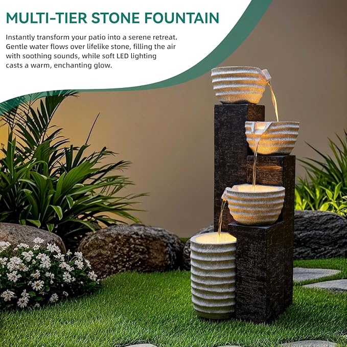 40" H Multilayer Cascading Outdoor Water Fountain with LED Lights & Pump, Sand-Textured Polyresin Freestanding Garden Fountain for Tranquil Garden, Patio or Porch | Unique Sand-Textured Polyresin Freestanding Garden Fountain for Garden, Patio or Porch