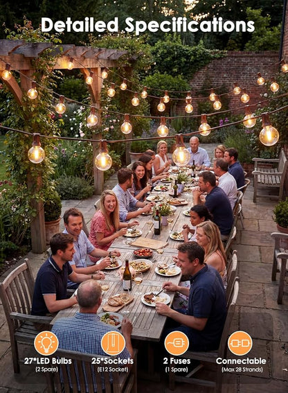 25FT G40 LED Brown Outdoor String Lights with 25 Plastic Shatterproof Bulbs | 2700K Warm White, IP65 Waterproof Hanging Connectable Globe Lights for Patio Garden Porch Pergola Bistro Decor, Brown Wire