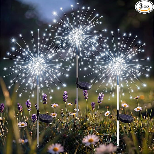 btfarm 3 Pack 120 LED Solar Garden Lights Outdoor, 8 Modes Firework Lights Solar Powered, Waterproof Twinkle Fairy Light Outside for Yard Patio Pathway Pool Christmas Party Decorative, Cool White